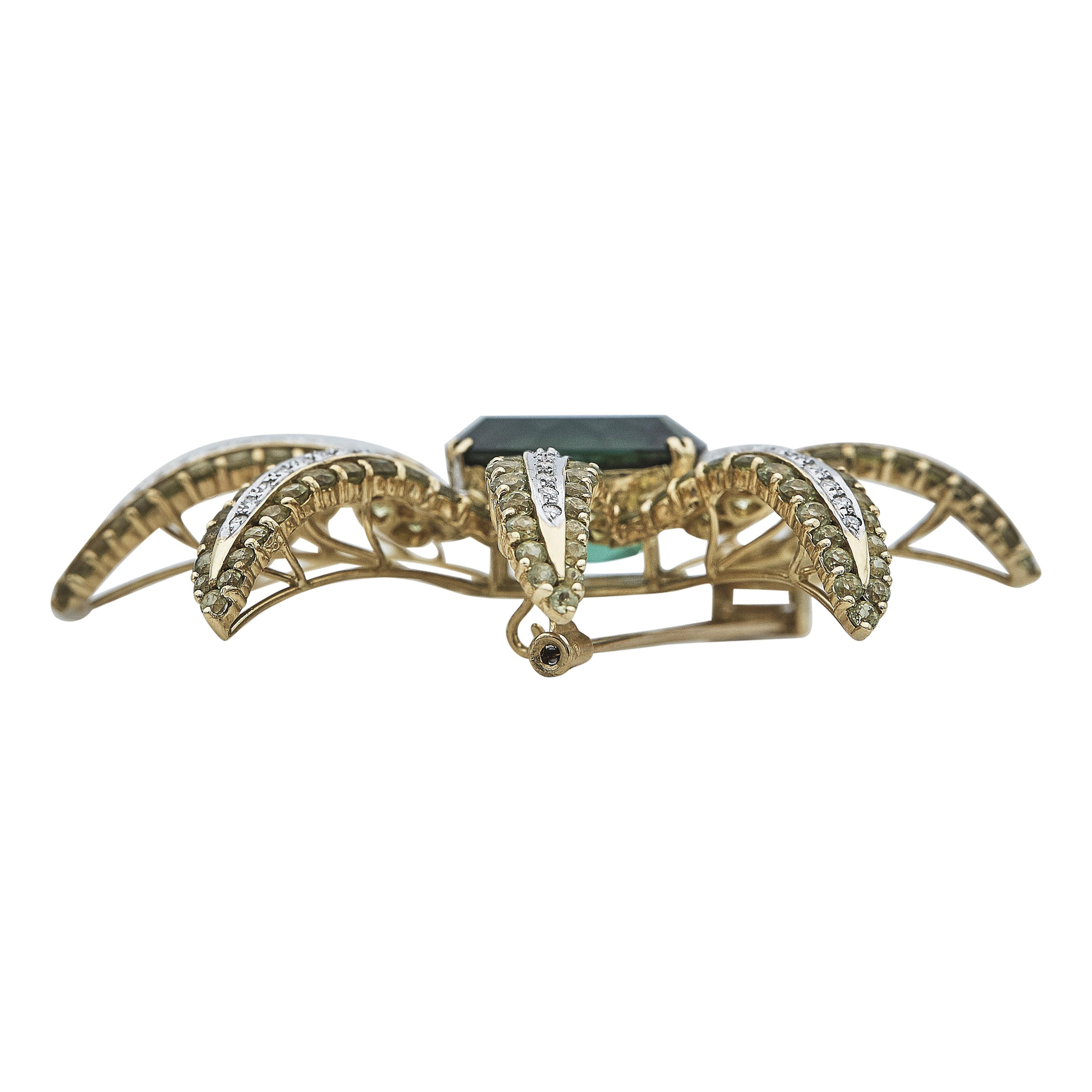 19.05 Carat Tourmaline 16.12 Carat Peridot 1.38 Carat Diamond 18K YG Pin Brooch