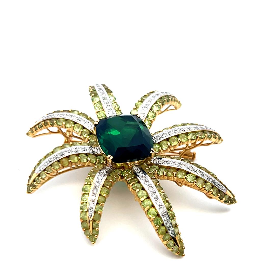 19.05 Carat Tourmaline 16.12 Carat Peridot 1.38 Carat Diamond 18K YG Pin Brooch