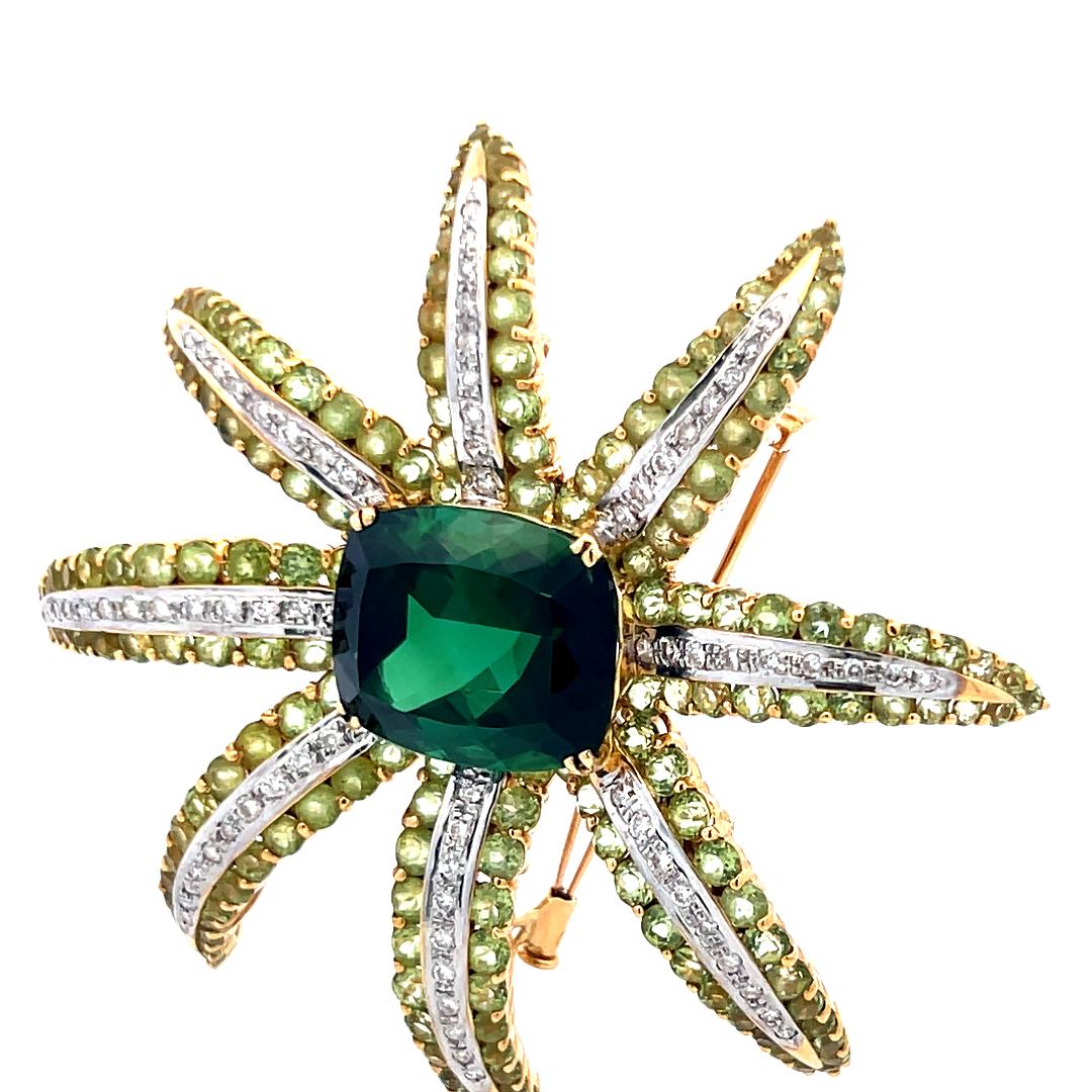 19.05 Carat Tourmaline 16.12 Carat Peridot 1.38 Carat Diamond 18K YG Pin Brooch
