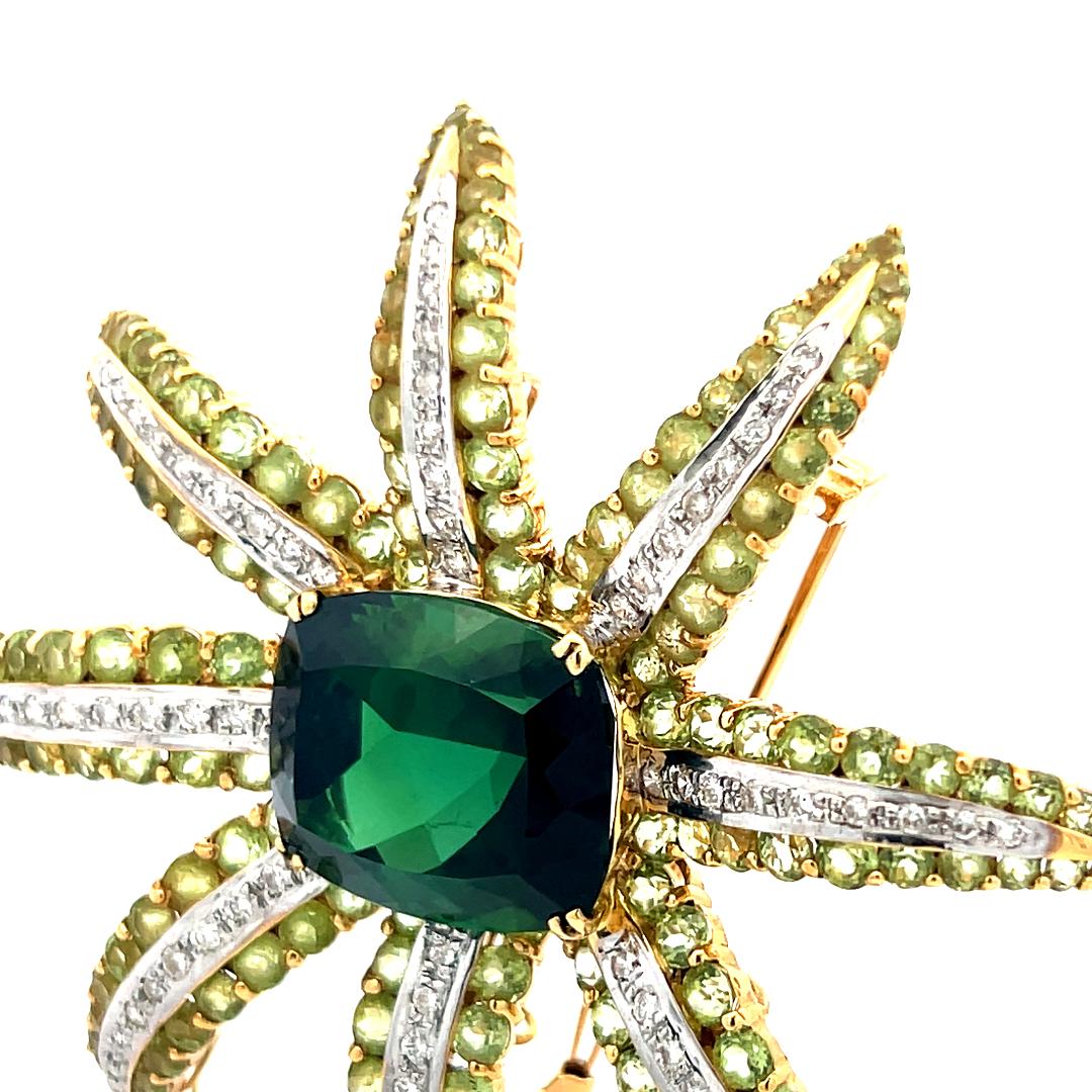 19.05 Carat Tourmaline 16.12 Carat Peridot 1.38 Carat Diamond 18K YG Pin Brooch