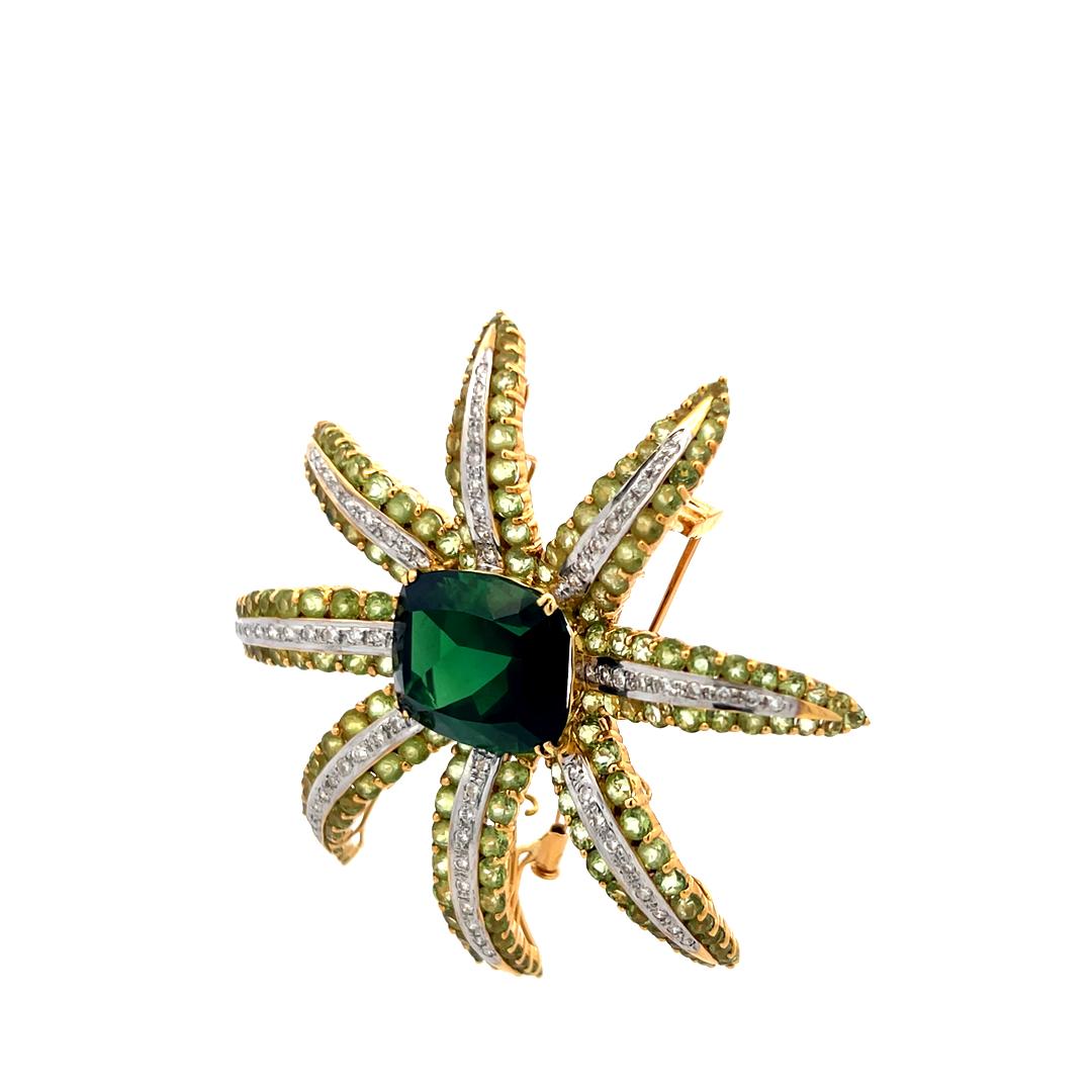 19.05 Carat Tourmaline 16.12 Carat Peridot 1.38 Carat Diamond 18K YG Pin Brooch