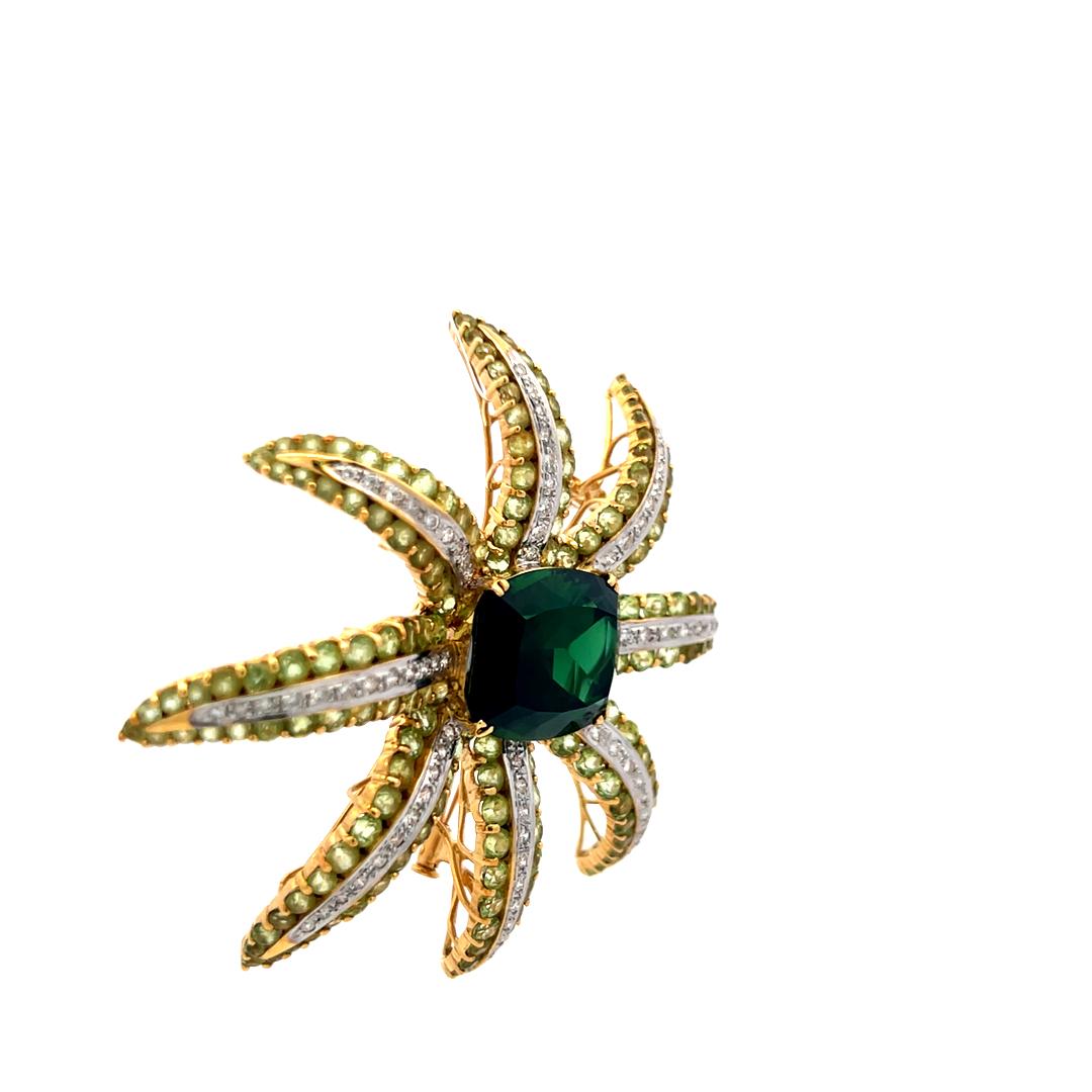 19.05 Carat Tourmaline 16.12 Carat Peridot 1.38 Carat Diamond 18K YG Pin Brooch