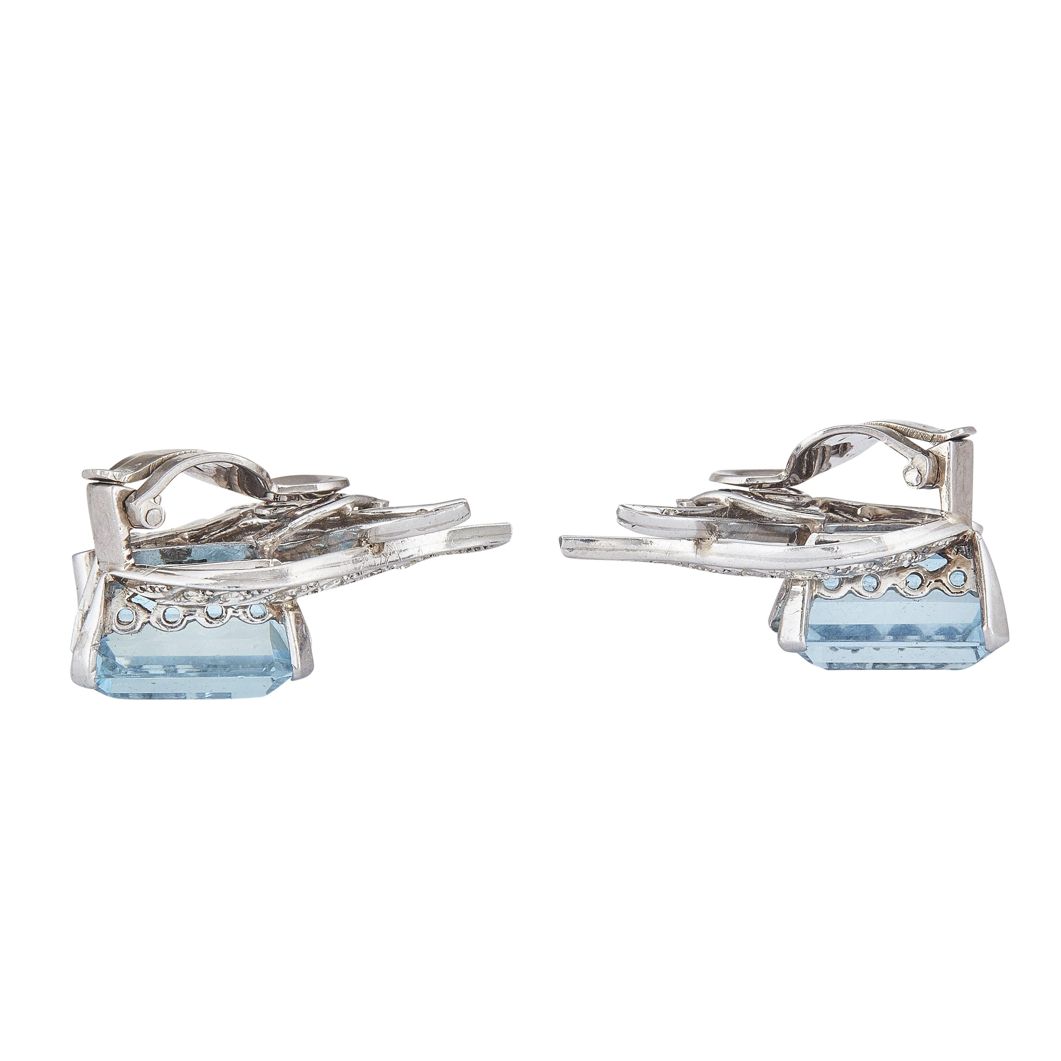 16.00ct Aquamarine & 0.64ct Diamond 18K White Gold Emerald Cut Clip-On Earrings