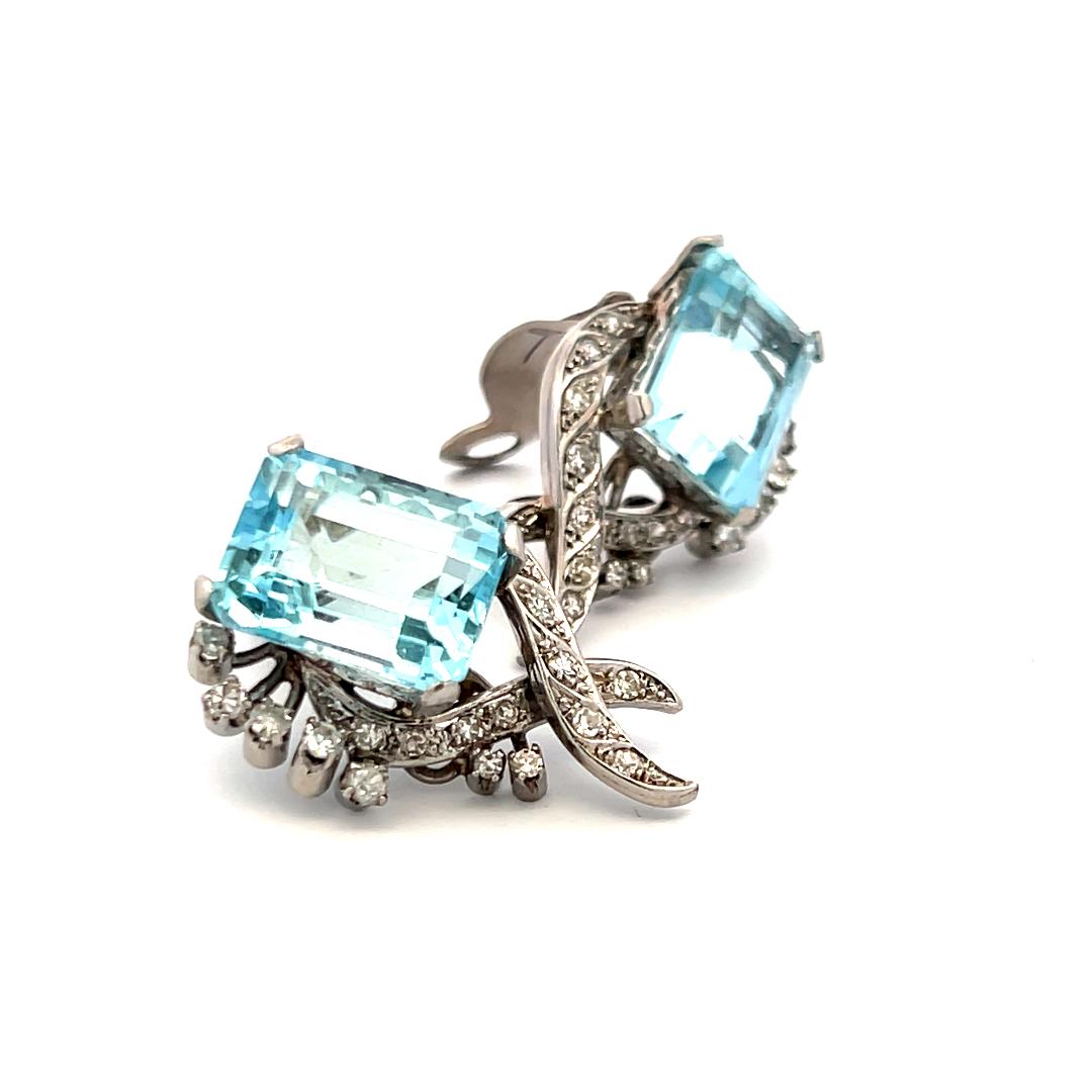 16.00ct Aquamarine & 0.64ct Diamond 18K White Gold Emerald Cut Clip-On Earrings