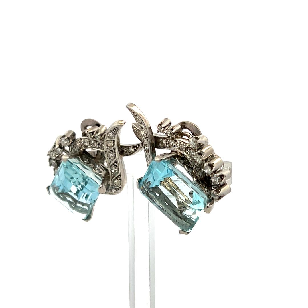 16.00ct Aquamarine & 0.64ct Diamond 18K White Gold Emerald Cut Clip-On Earrings