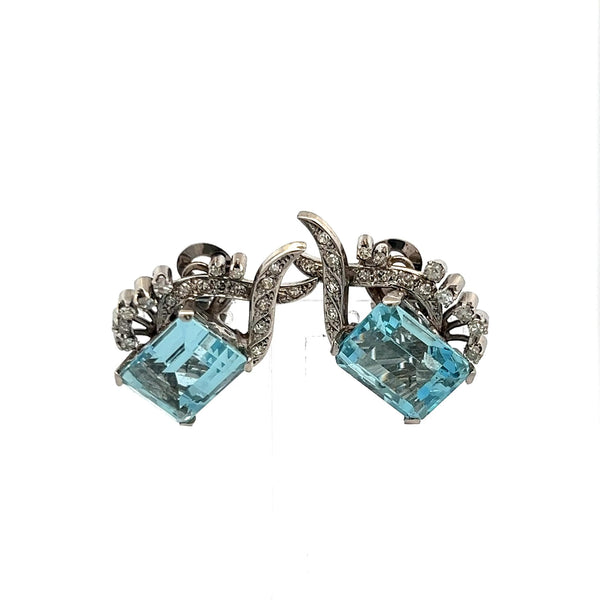 16.00ct Aquamarine & 0.64ct Diamond 18K White Gold Emerald Cut Clip-On Earrings