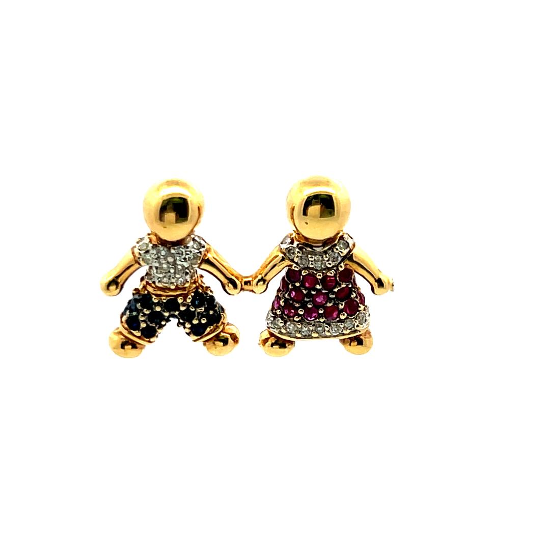 0.44 Carat Round Diamond 0.51 Carat Sapphire and Ruby 18K Yellow Gold Pendant