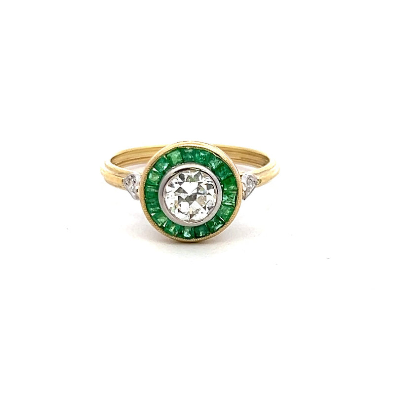 0.72 Carat Old European Cut Diamond 0.30 Carat Emerald 18K Yellow Gold Ring