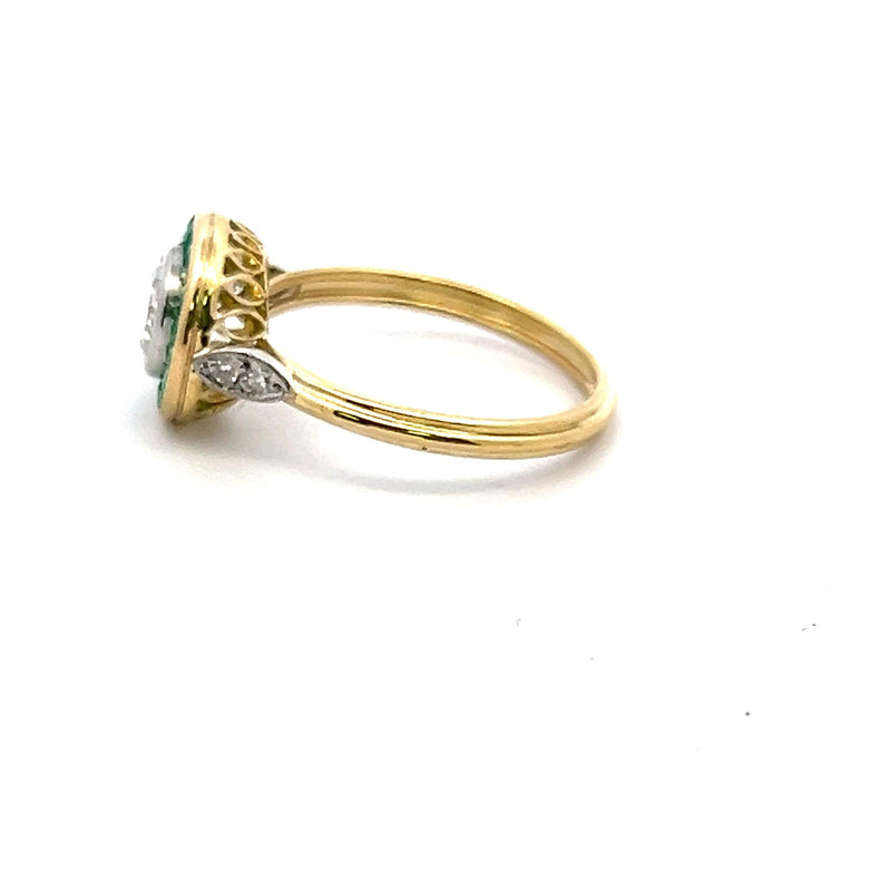 0.72 Carat Old European Cut Diamond 0.30 Carat Emerald 18K Yellow Gold Ring