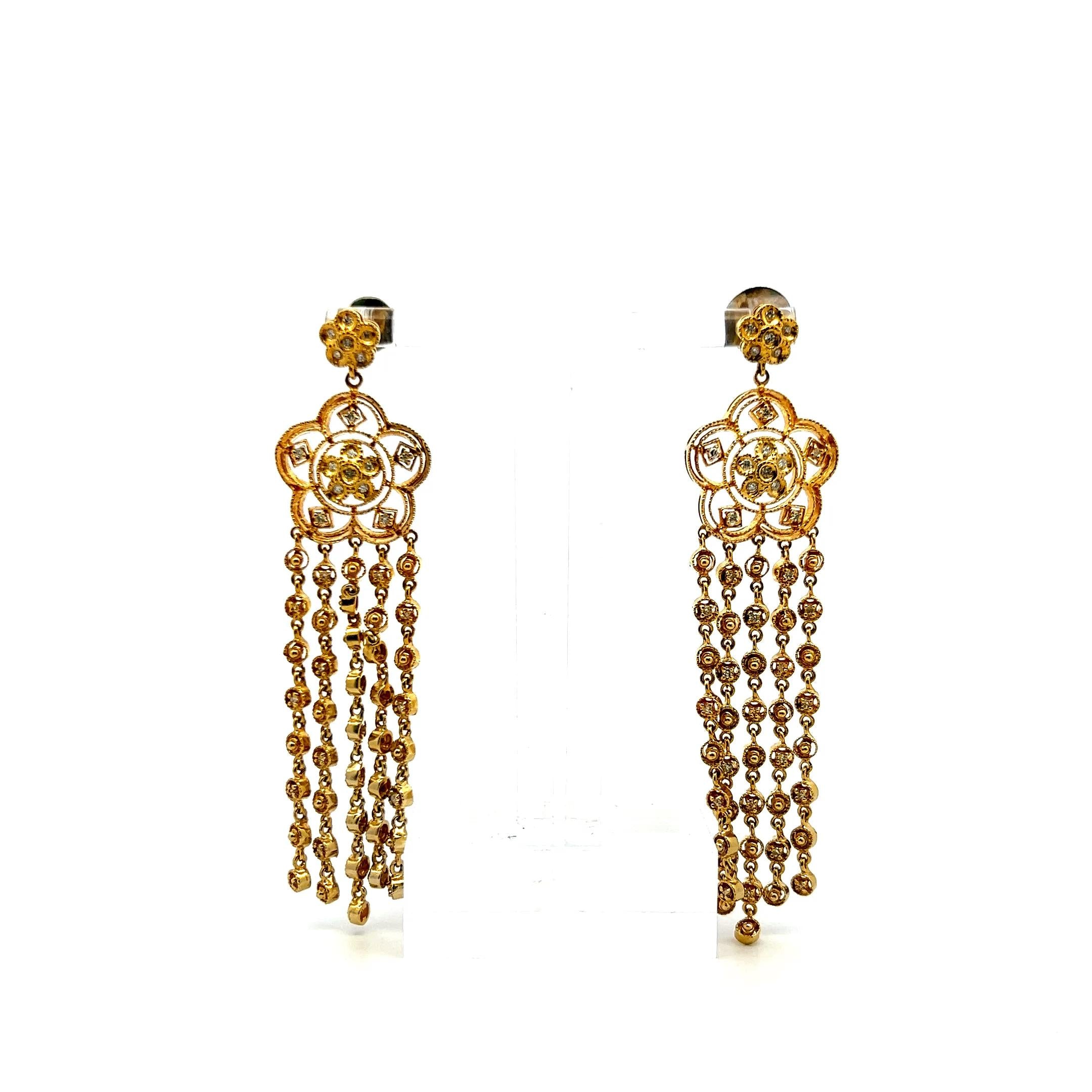 0.50 Carat Round Brilliant Diamond 18 Karat Yellow Gold Dangling Earrings