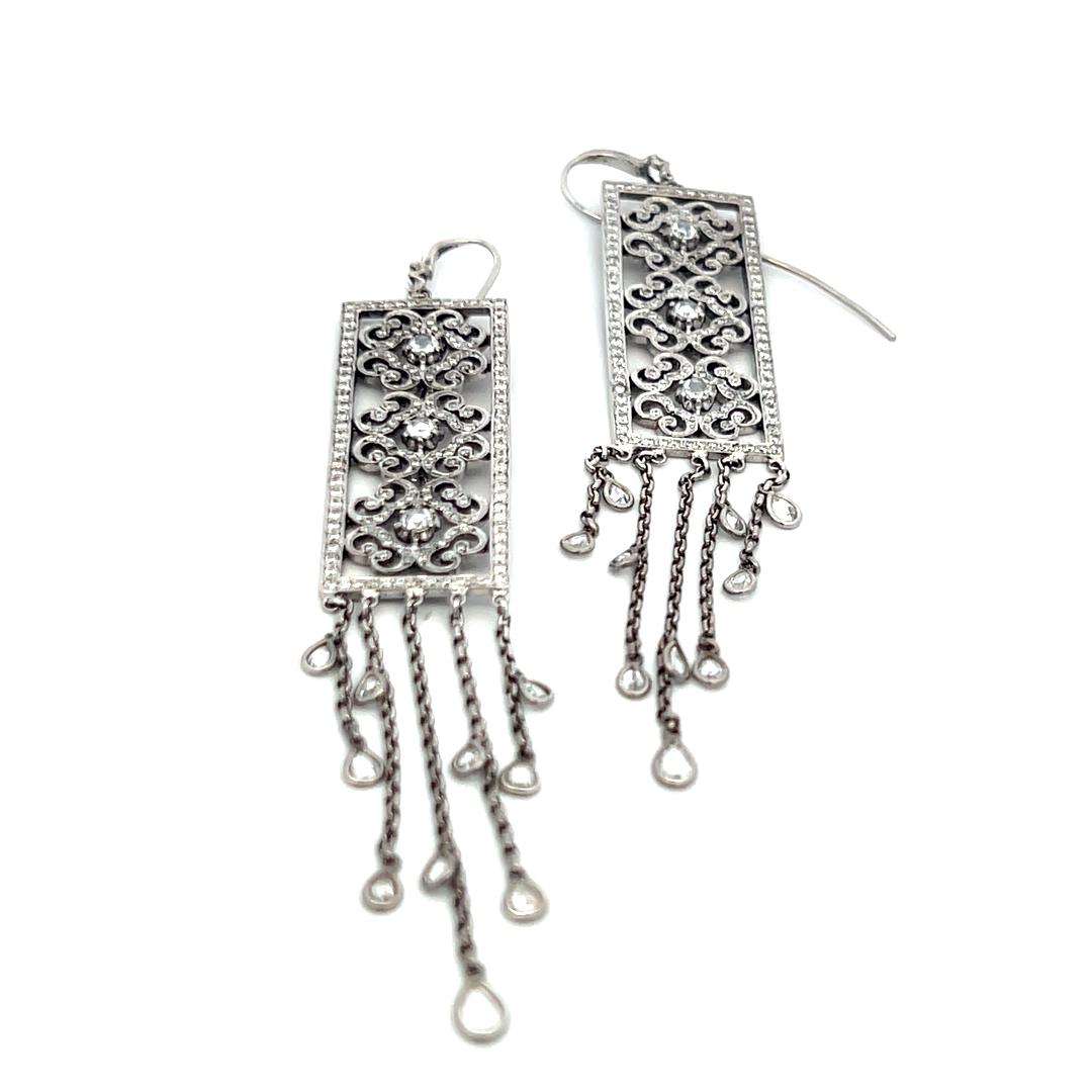 3.43 Carat Round Pear Shape Rose Cut Diamond 18K White Gold Dangling Earrings