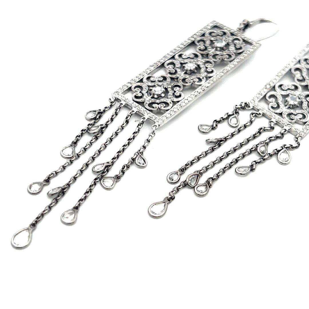 3.43 Carat Round Pear Shape Rose Cut Diamond 18K White Gold Dangling Earrings
