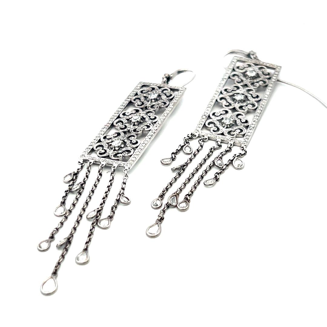 3.43 Carat Round Pear Shape Rose Cut Diamond 18K White Gold Dangling Earrings