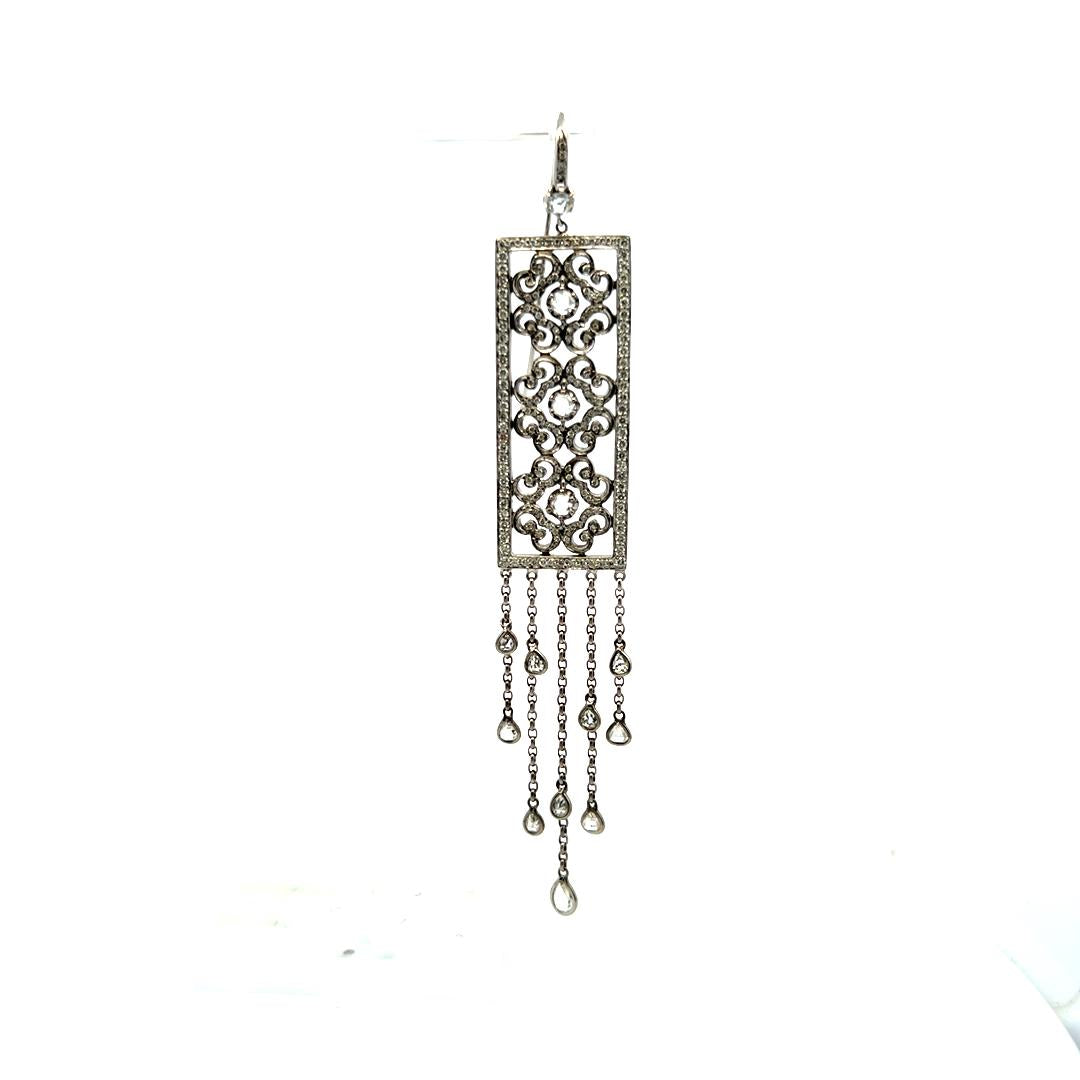 Vintage 18K White Gold Dangling Earrings with 3.43 Carat Mixed Cut G VS Diamonds