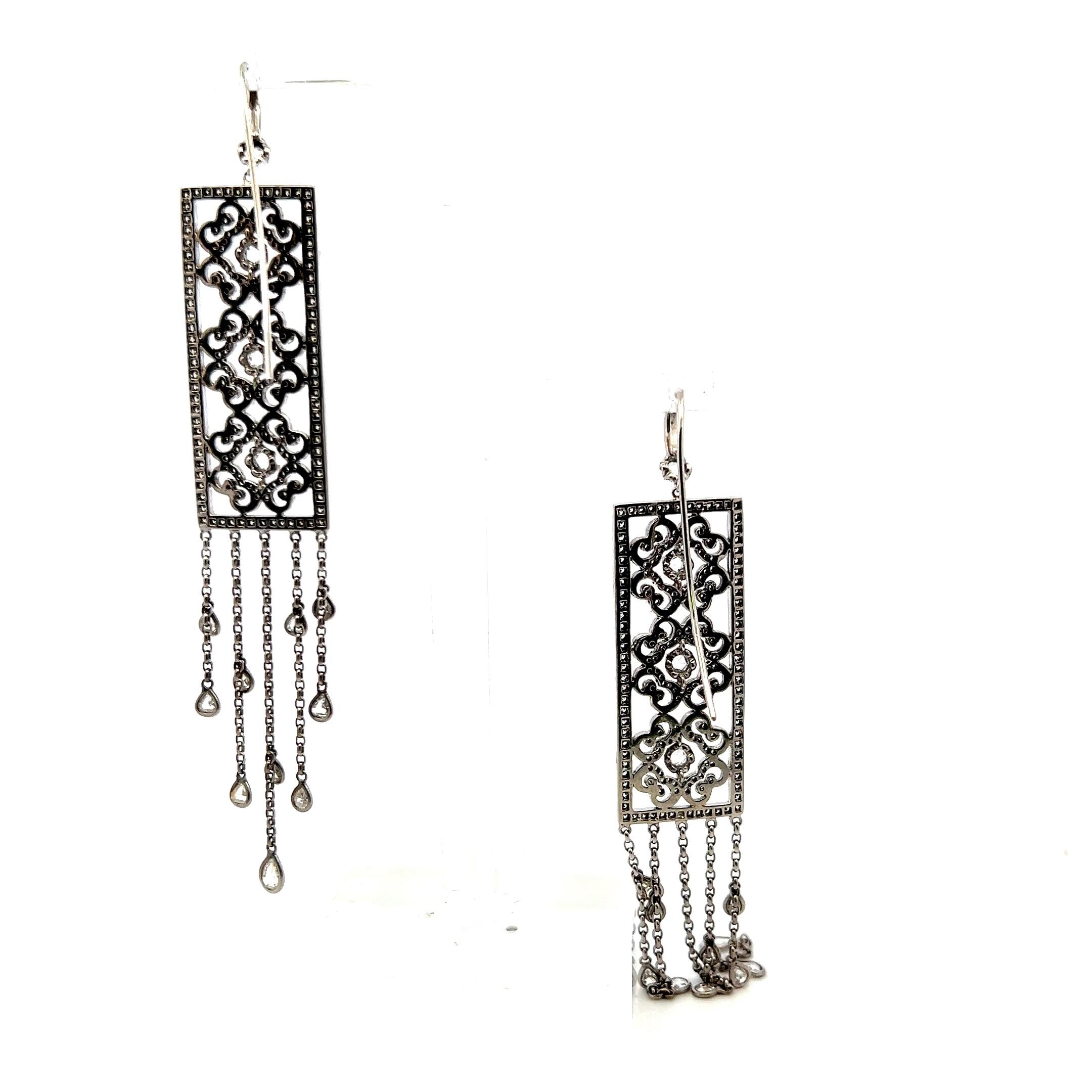 Vintage 18K White Gold Dangling Earrings with 3.43 Carat Mixed Cut G VS Diamonds