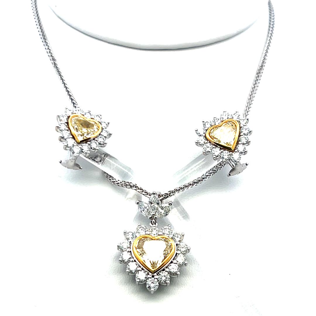 Convertible 10.50ct Heart Yellow Diamond 18K Gold Pendant Necklace & Earrings