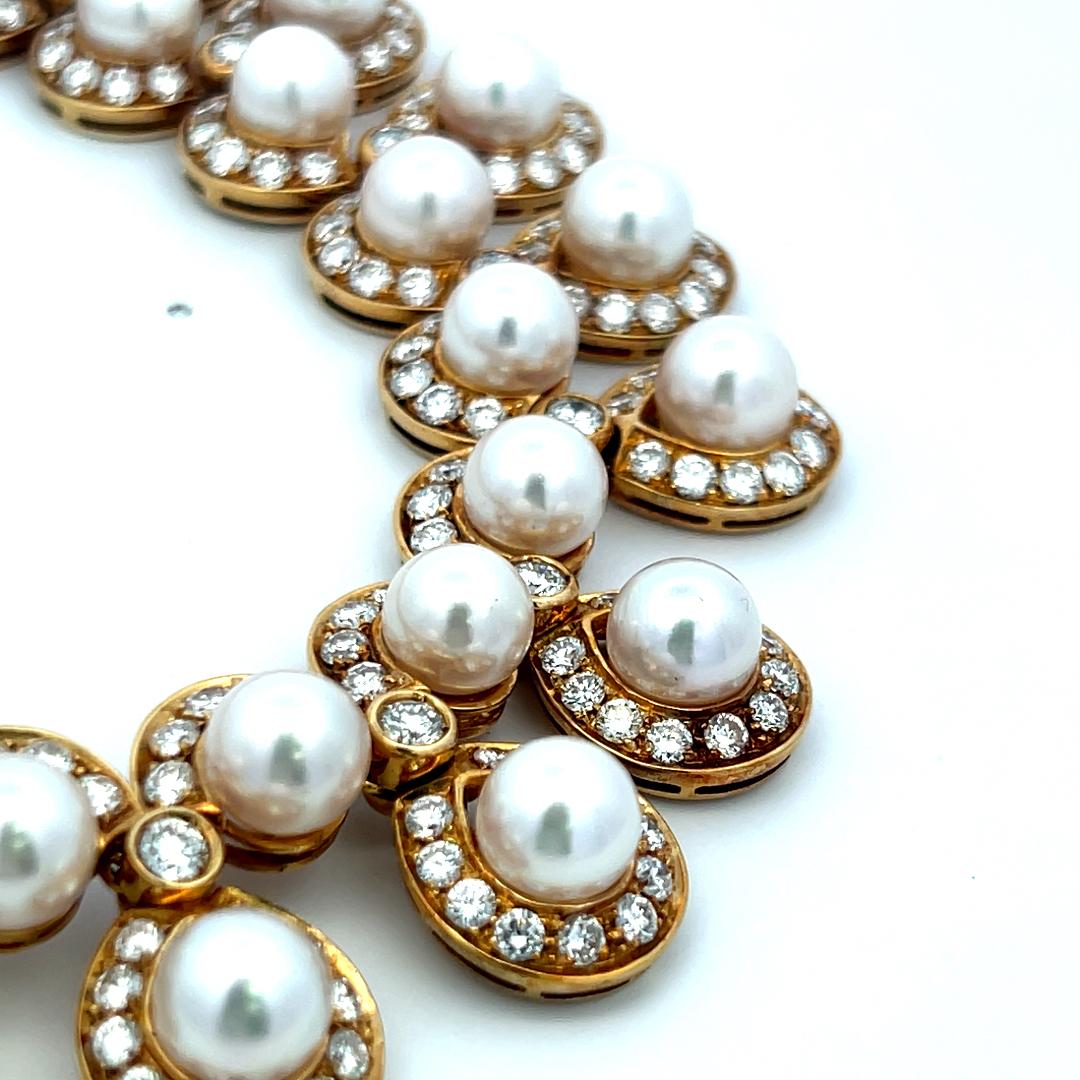 10.00 Carat Round Brilliant Diamond 7.8-8.5MM  Pearl 18K YG Statement Necklace