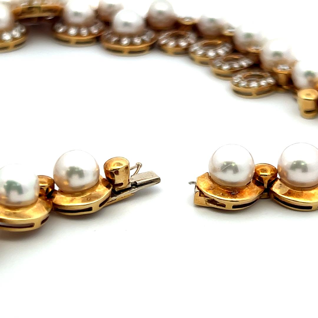 10.00 Carat Round Brilliant Diamond 7.8-8.5MM  Pearl 18K YG Statement Necklace