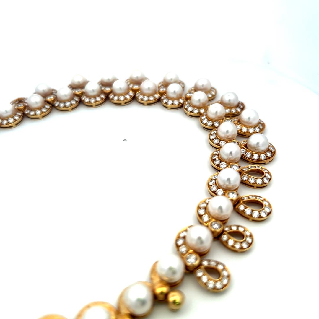 10.00 Carat Round Brilliant Diamond 7.8-8.5MM  Pearl 18K YG Statement Necklace