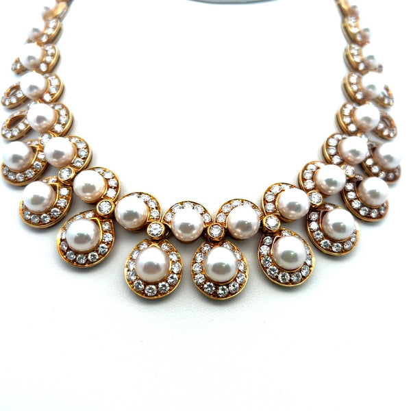10.00 Carat Round Brilliant Diamond 7.8-8.5MM  Pearl 18K YG Statement Necklace