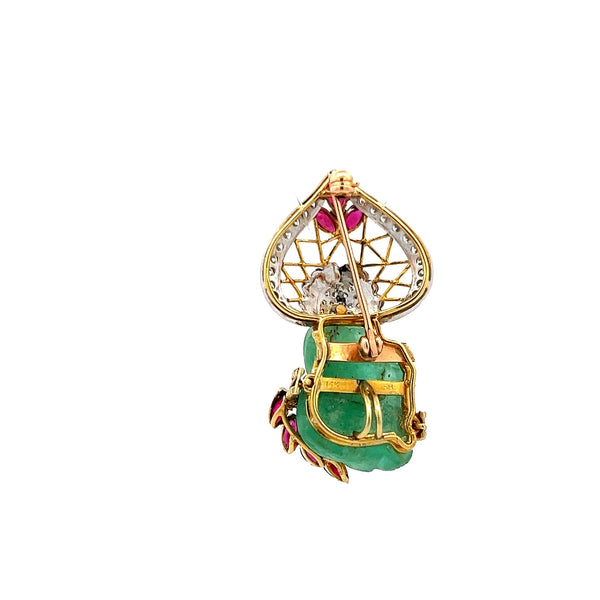 16.3-13.7MM Jade 0.38 Carat Garnet 0.25 Carat Diamond 14K Gold Pin Brooch