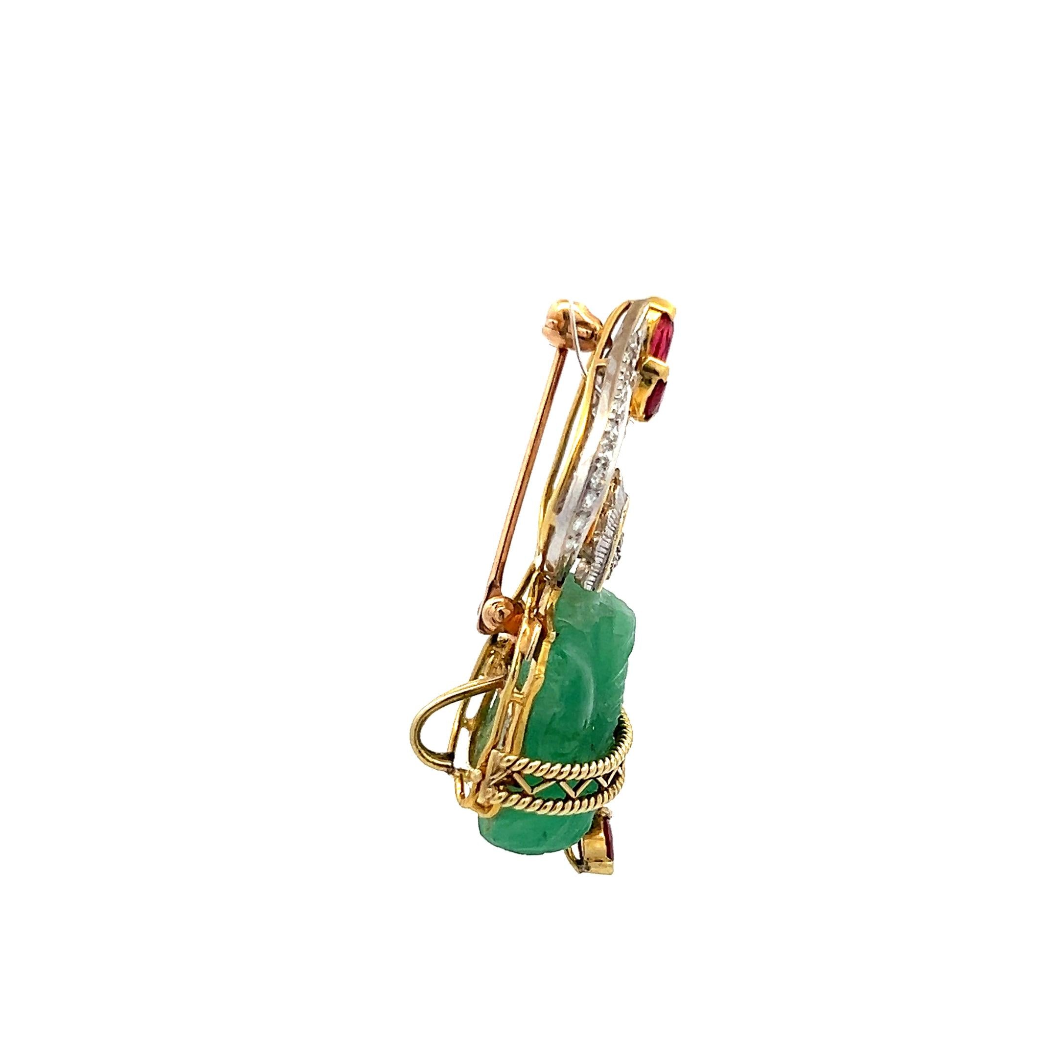 16.3-13.7MM Jade 0.38 Carat Garnet 0.25 Carat Diamond 14K Gold Pin Brooch
