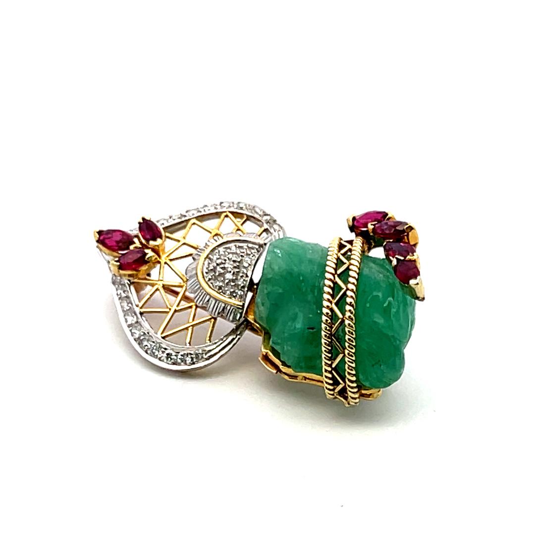 16.3-13.7MM Jade 0.38 Carat Garnet 0.25 Carat Diamond 14K Gold Pin Brooch