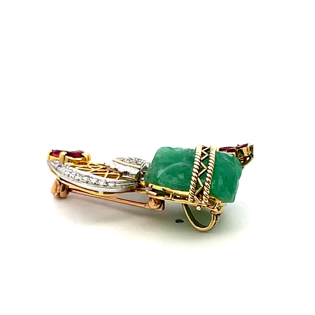 16.3-13.7MM Jade 0.38 Carat Garnet 0.25 Carat Diamond 14K Gold Pin Brooch