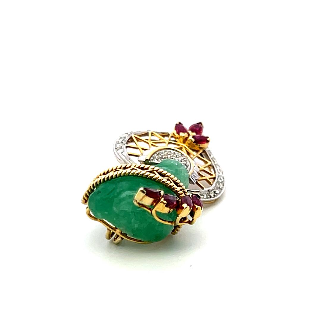 16.3-13.7MM Jade 0.38 Carat Garnet 0.25 Carat Diamond 14K Gold Pin Brooch