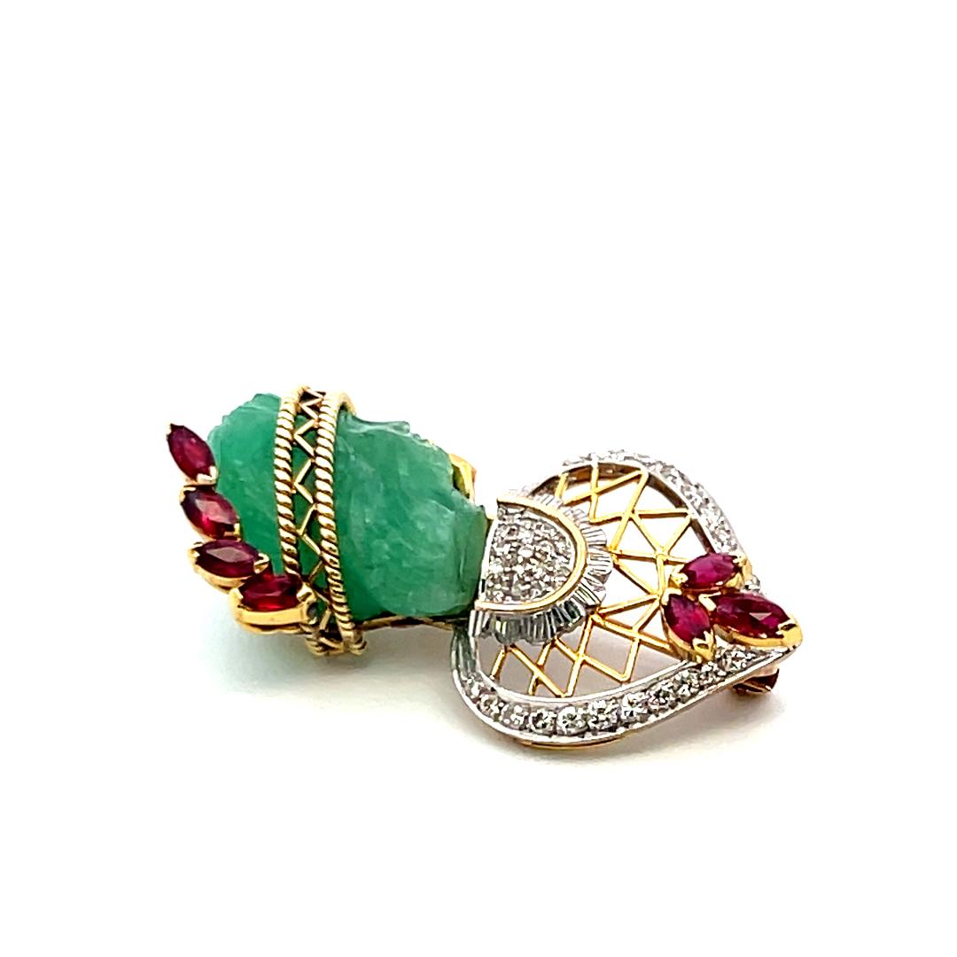 16.3-13.7MM Jade 0.38 Carat Garnet 0.25 Carat Diamond 14K Gold Pin Brooch
