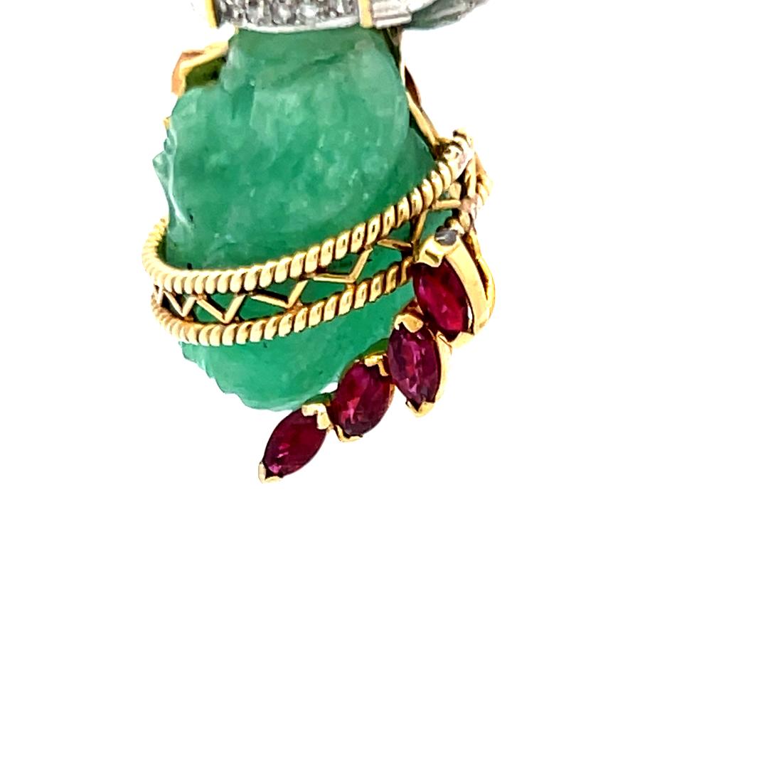 16.3-13.7MM Jade 0.38 Carat Garnet 0.25 Carat Diamond 14K Gold Pin Brooch