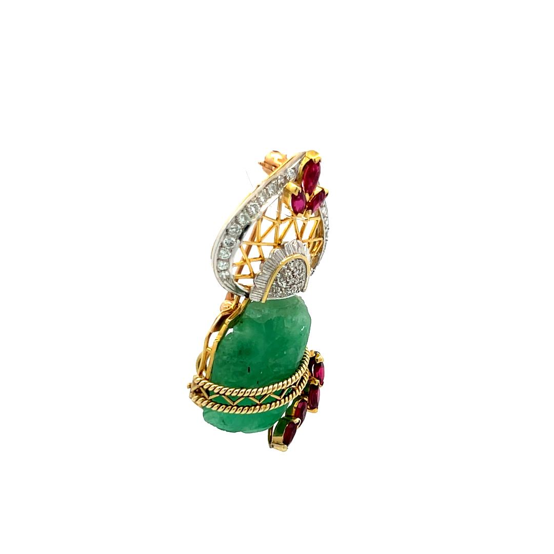 16.3-13.7MM Jade 0.38 Carat Garnet 0.25 Carat Diamond 14K Gold Pin Brooch