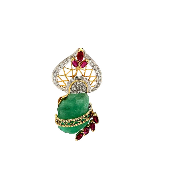 16.3-13.7MM Jade 0.38 Carat Garnet 0.25 Carat Diamond 14K Gold Pin Brooch