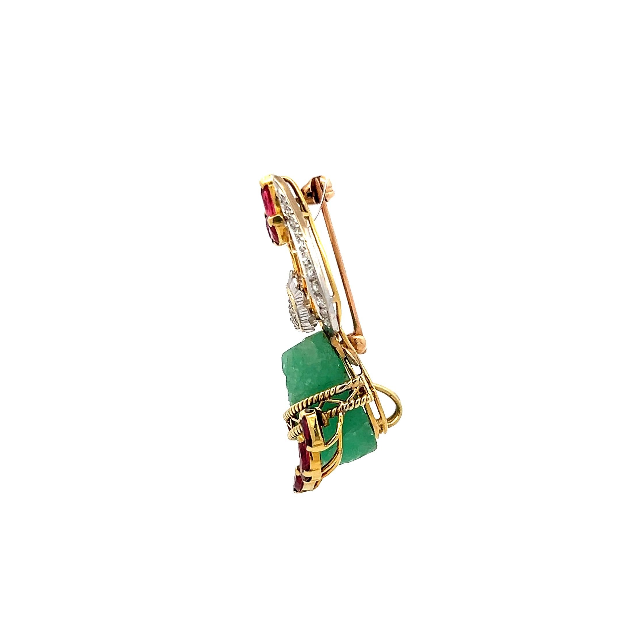 16.3-13.7MM Jade 0.38 Carat Garnet 0.25 Carat Diamond 14K Gold Pin Brooch