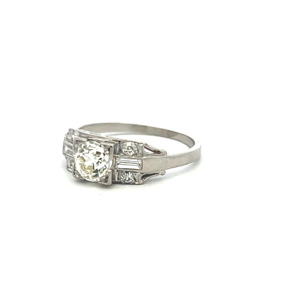 0.78 Carat Old European and Baguette Diamond Platinum Art Deco Ring