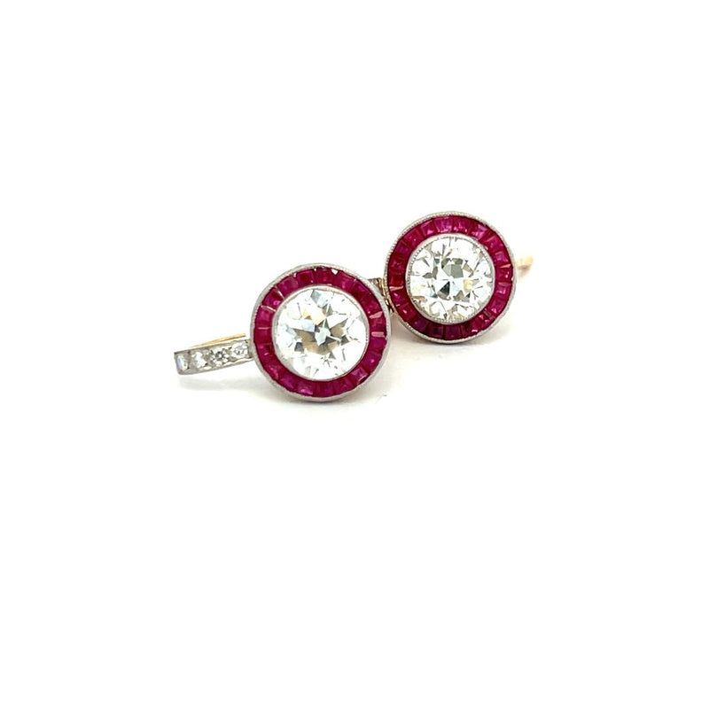 3.49 Carat Old European Cut Diamond 0.40 Carat Ruby 18K Gold/Plat Earrings