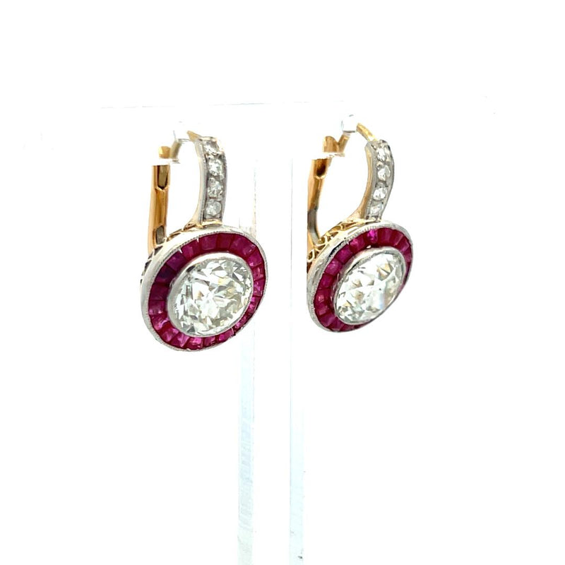 3.49 Carat Old European Cut Diamond 0.40 Carat Ruby 18K Gold/Plat Earrings