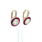 3.49 Carat Old European Cut Diamond 0.40 Carat Ruby 18K Gold/Plat Earrings