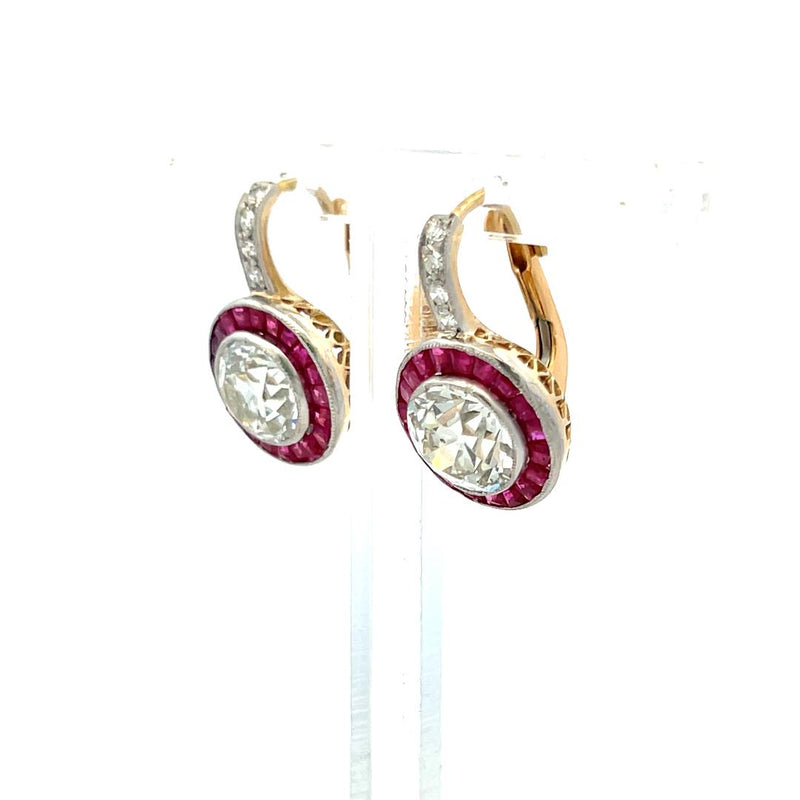 3.49 Carat Old European Cut Diamond 0.40 Carat Ruby 18K Gold/Plat Earrings