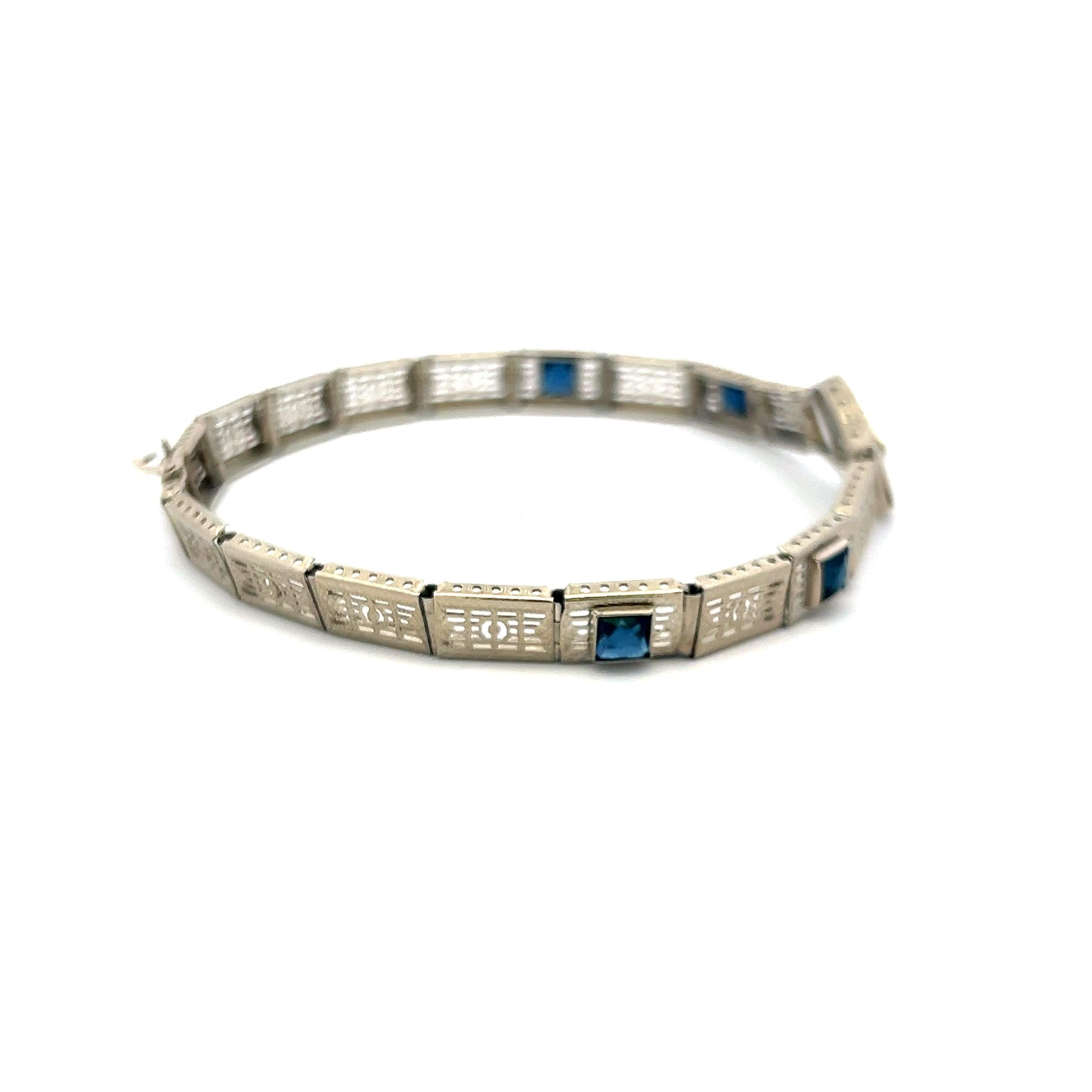Vintage 14K White Gold Filigree Bracelet with 0.02 Ct Diamond and 1 Ct. Sapphire