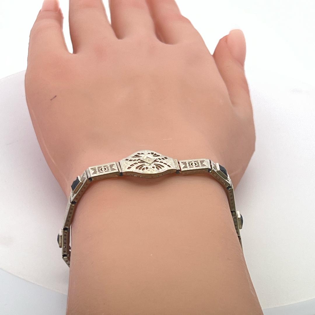 Vintage 14K White Gold Filigree Bracelet with 0.02 Ct Diamond and 1 Ct. Sapphire