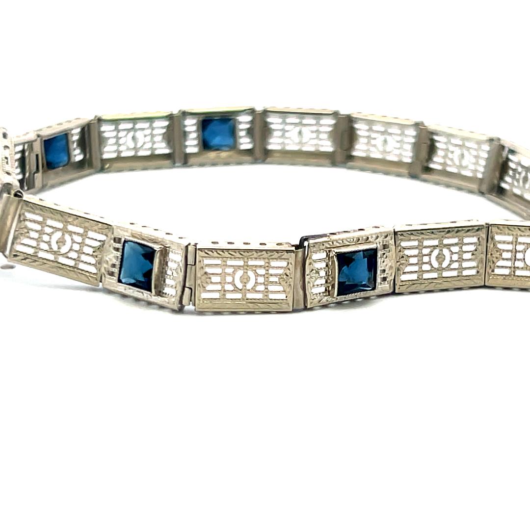 Vintage 14K White Gold Filigree Bracelet with 0.02 Ct Diamond and 1 Ct. Sapphire