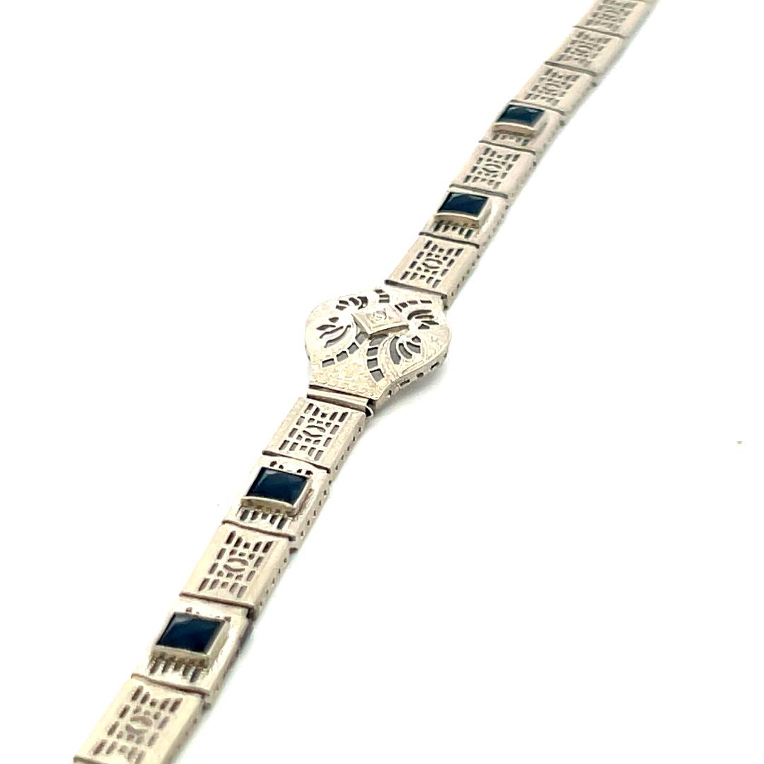 Vintage 14K White Gold Filigree Bracelet with 0.02 Ct Diamond and 1 Ct. Sapphire