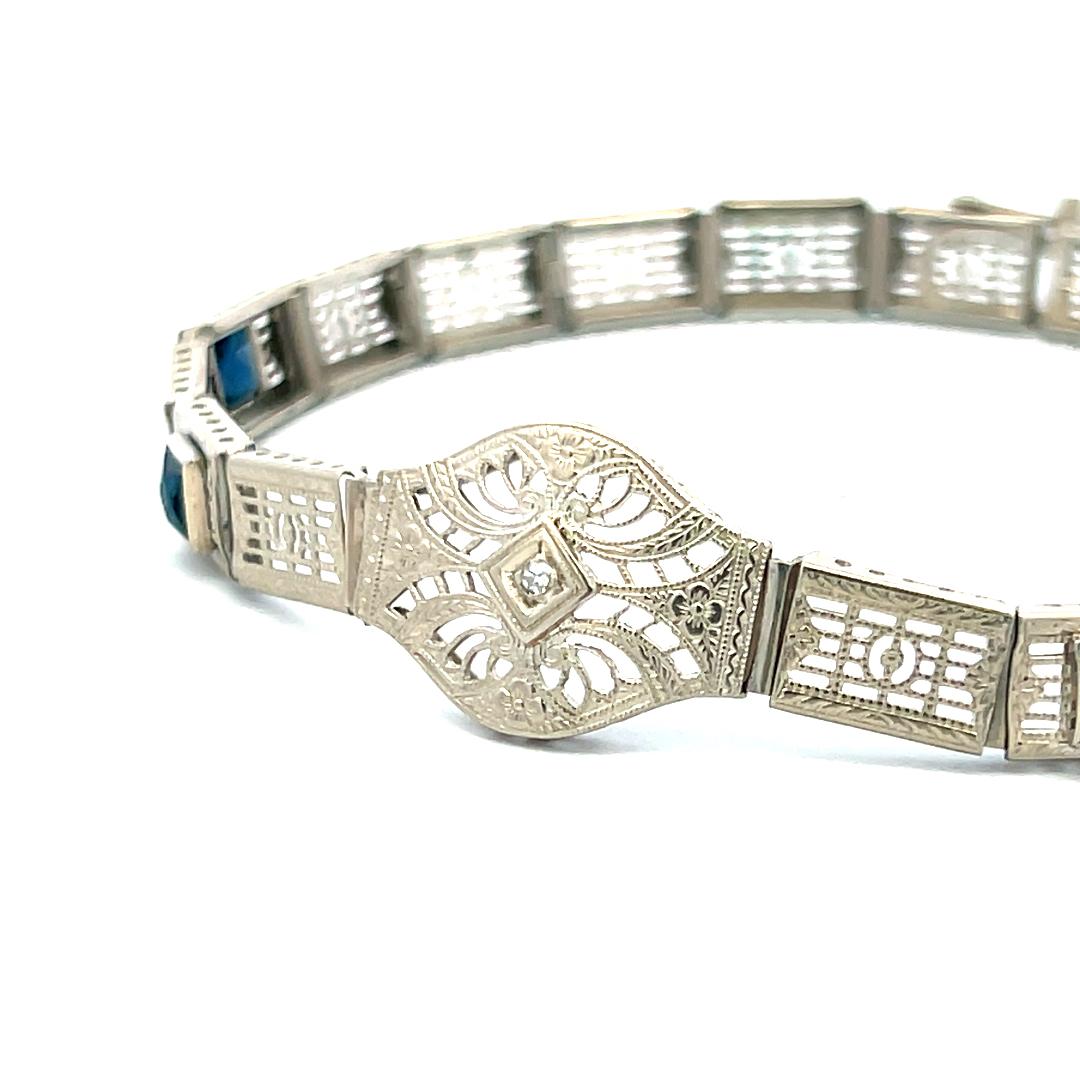 Vintage 14K White Gold Filigree Bracelet with 0.02 Ct Diamond and 1 Ct. Sapphire