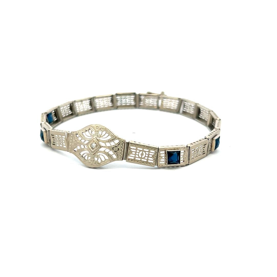 Vintage 14K White Gold Filigree Bracelet with 0.02 Ct Diamond and 1 Ct. Sapphire