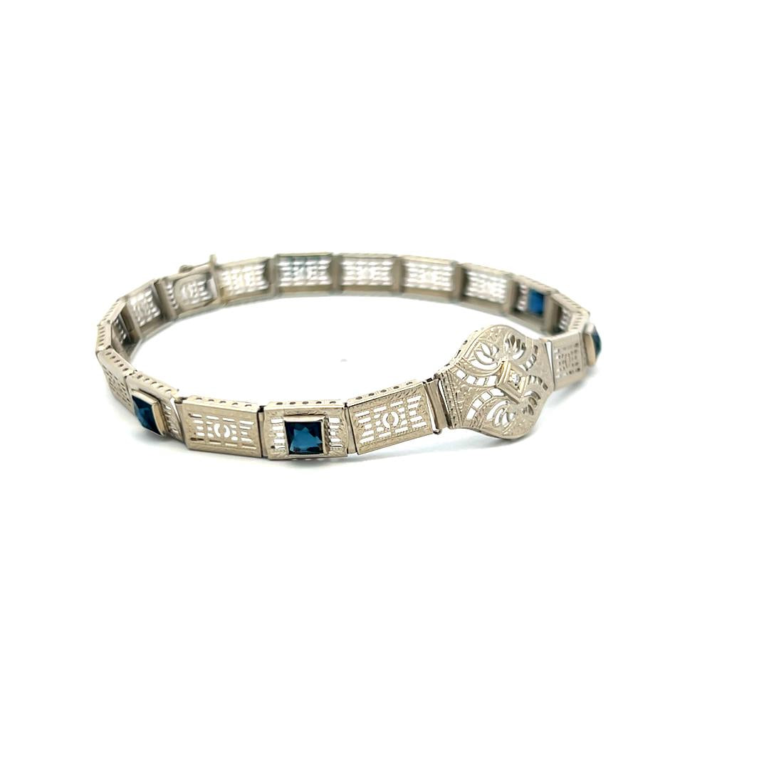 Vintage 14K White Gold Filigree Bracelet with 0.02 Ct Diamond and 1 Ct. Sapphire