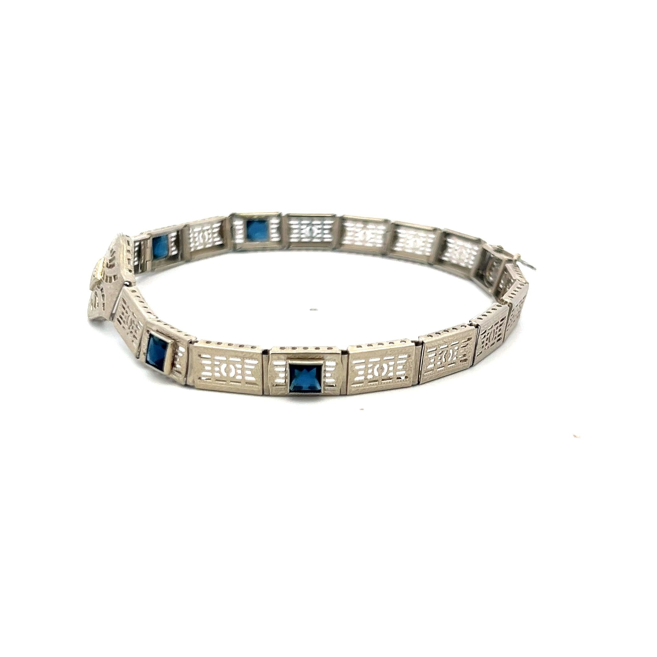 Vintage 14K White Gold Filigree Bracelet with 0.02 Ct Diamond and 1 Ct. Sapphire