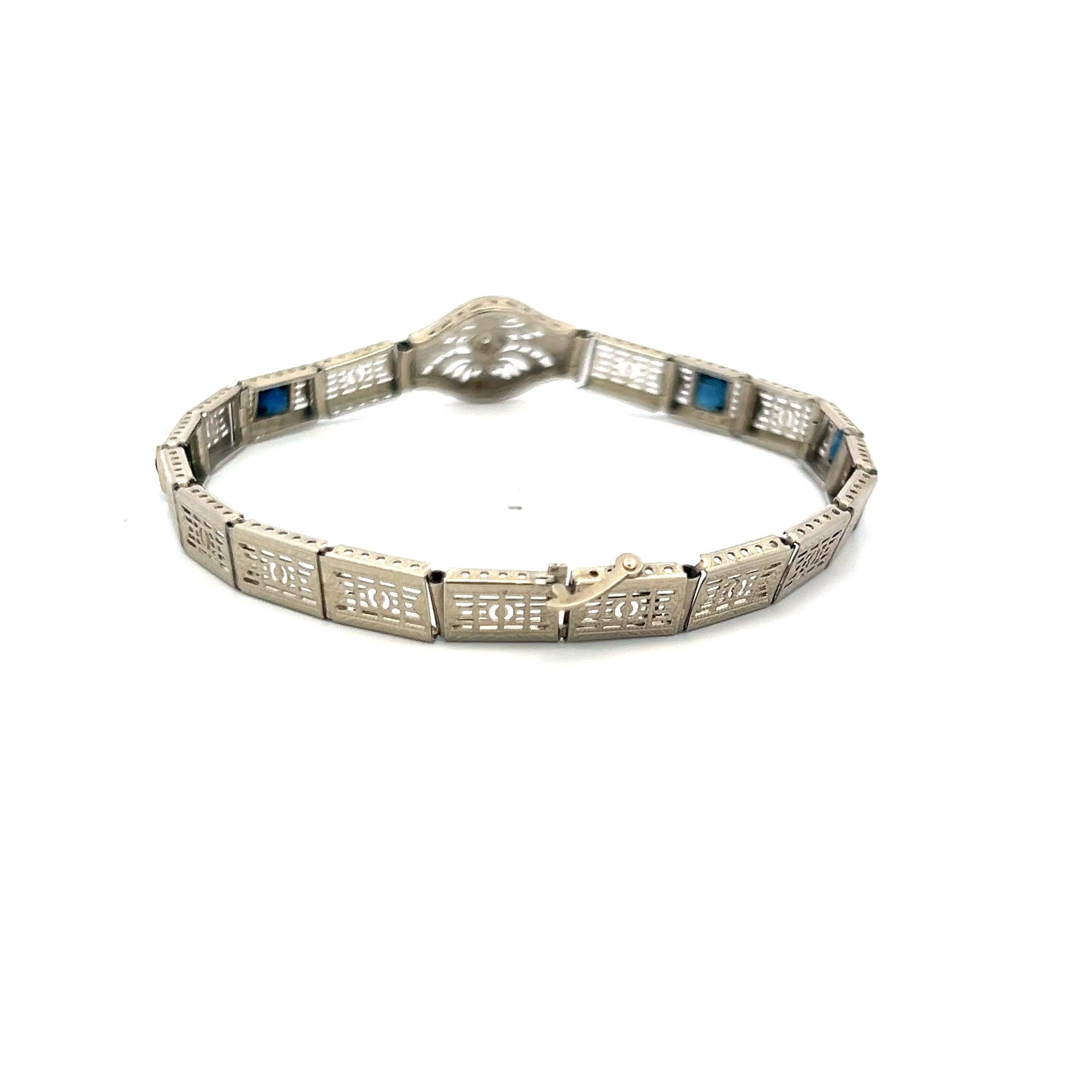Vintage 14K White Gold Filigree Bracelet with 0.02 Ct Diamond and 1 Ct. Sapphire