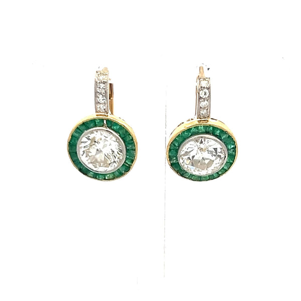 3.51 Carat Old European Cut Diamond 0.60 Carat Emerald 18K Gold-Plat Earrings