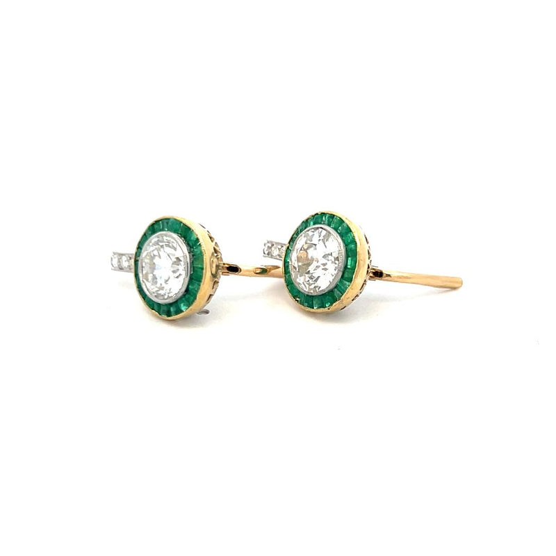 3.51 Carat Old European Cut Diamond 0.60 Carat Emerald 18K Gold-Plat Earrings